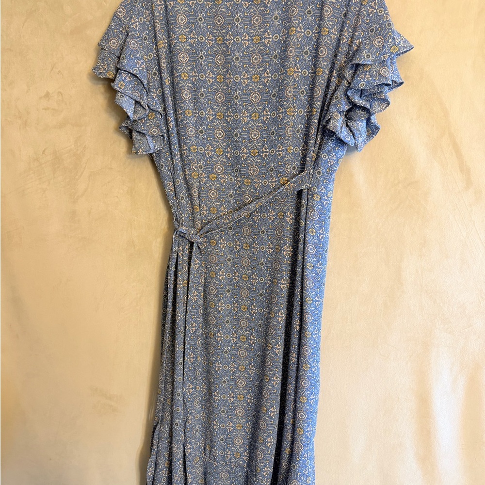 Max Studio Blue Printed Wrap Midi Dress with Ruffle Sleeves - Picture 2 of 4